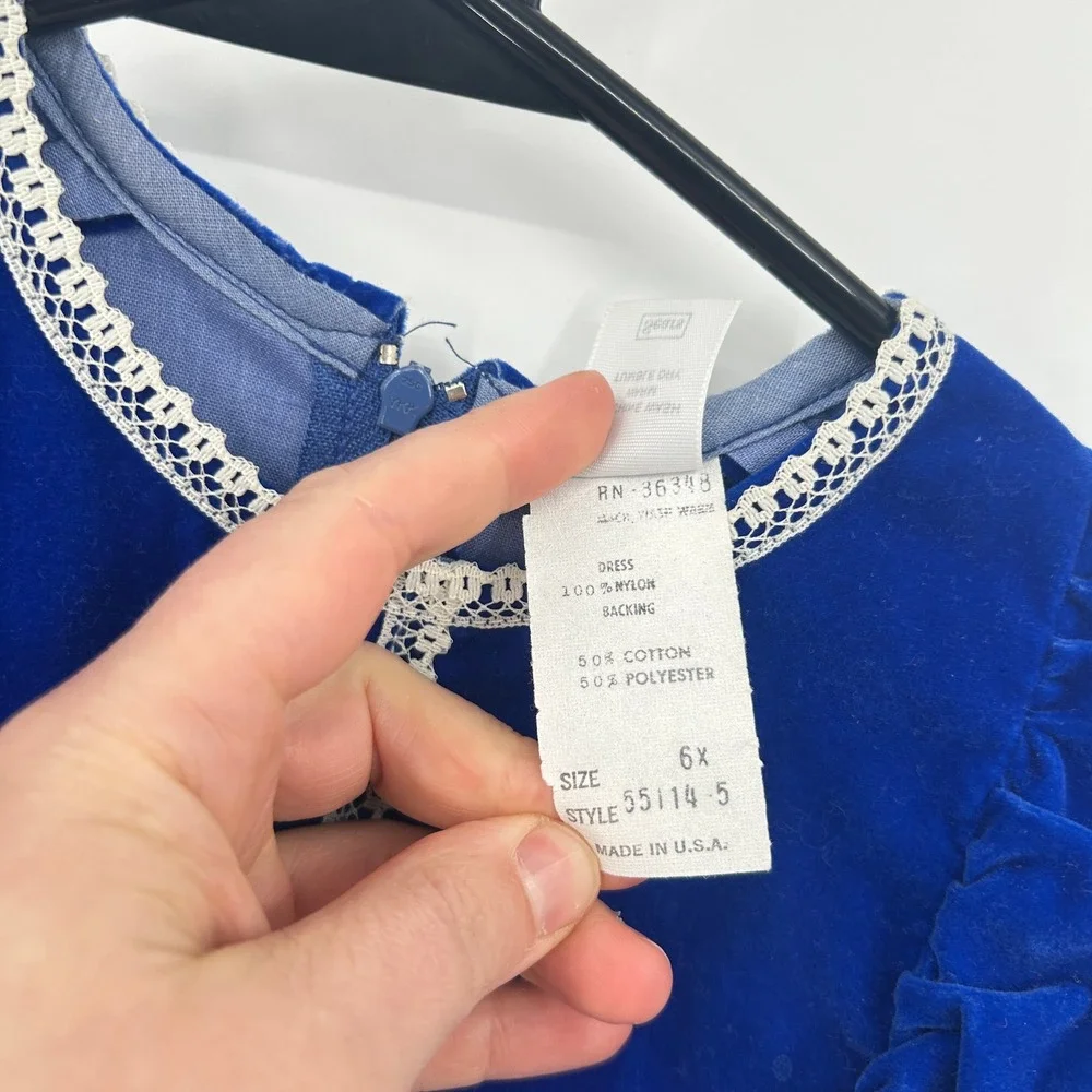 Vintage Prairie Velvet Lace Ruffle Dress Girls 10-12 Blue Cottagecore Holiday